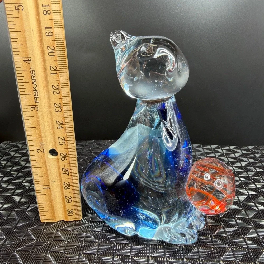Art Glass Cat Figurine Blue Swirl Paperweight with Orange Ball 4.5 Inch Tall